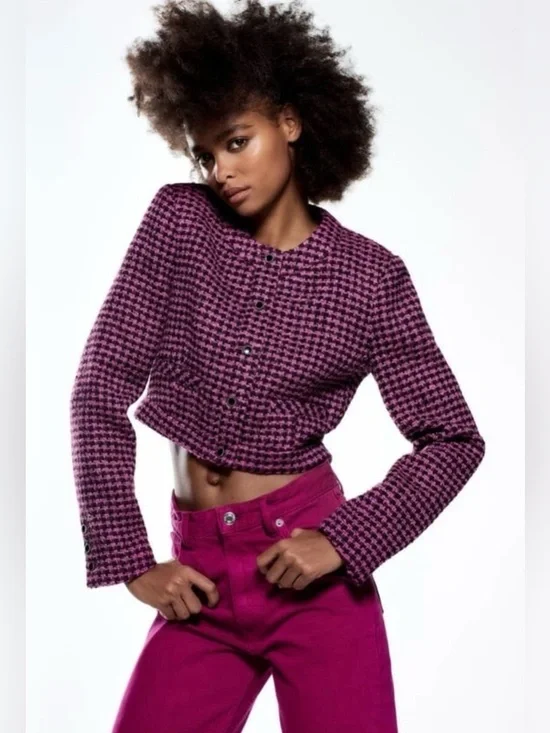 NWT ZARA Pink Houndstooth Cropped Fitted Tweed Jacket/ Blazer. Size M - Picture 3 of 14
